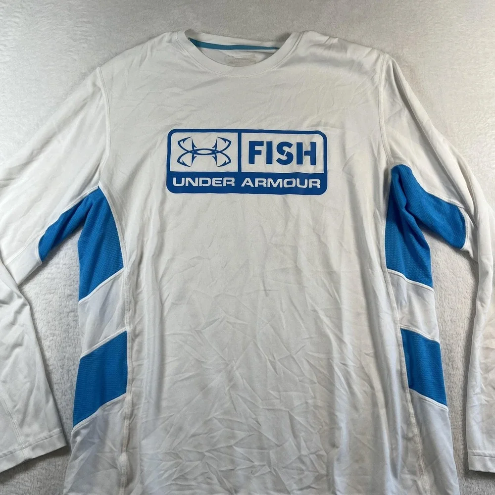 Under Armour Fish Shirt Mens XL White Long Sleeve Performance Fishing Tee